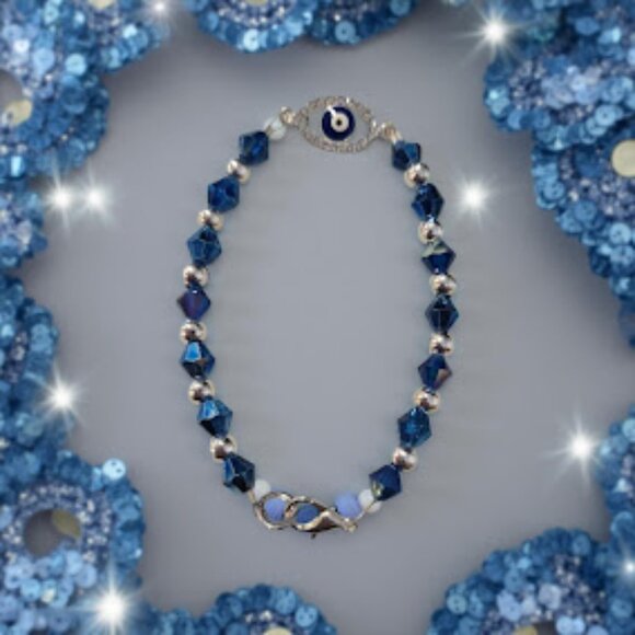 Blue Evil Eye Bracelet w Silver spacers 925 - Picture 1 of 4